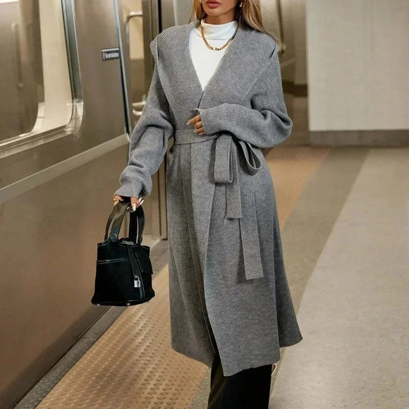 Grey Casual Women's Hooded Tie Bow Placket Belted Extra Long Cardigan Sweater - Picture 4 of 6